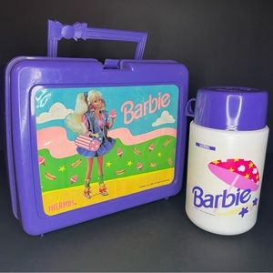 Vtg 1990 Thermos Mattel Plastic Barbie Purple Lunch Box & Bottle Some Scratching